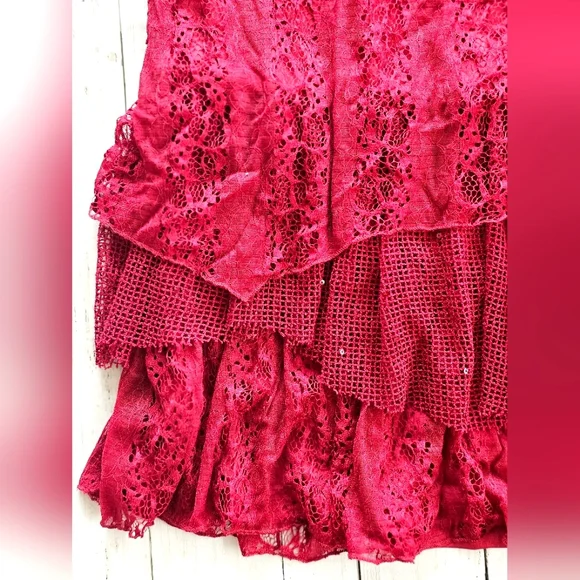 Indigo Soul Burgundy Wine Lace Sequin Flowy Tiered Layered Ruffle Longsleeve Top - Picture 9 of 14
